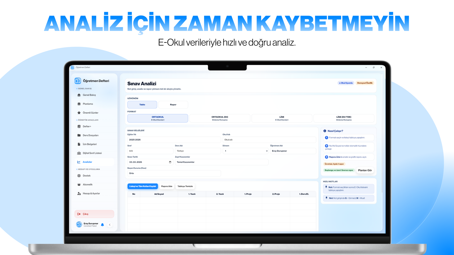 Sınav Analizi ekranı
